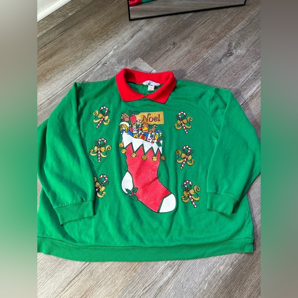 VTG BLAIR NOEL Festive Green Christmas Sweater Stocking Red Collar Size XL